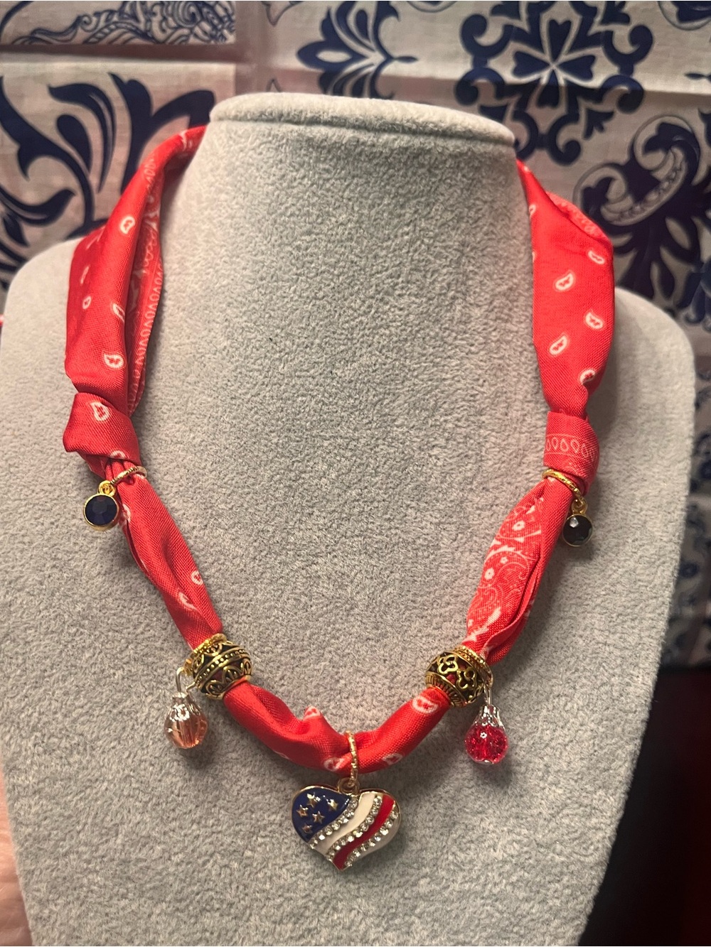 Red Patriotic Boho Bandana Charm Necklace, 28”